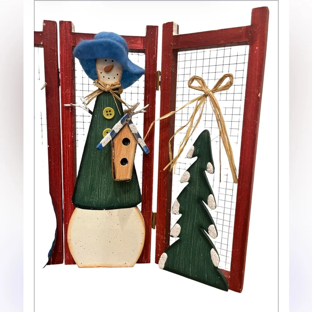 Rustic Wooden Snowman Christmas Decor Folding Screen / Winter Holiday Display